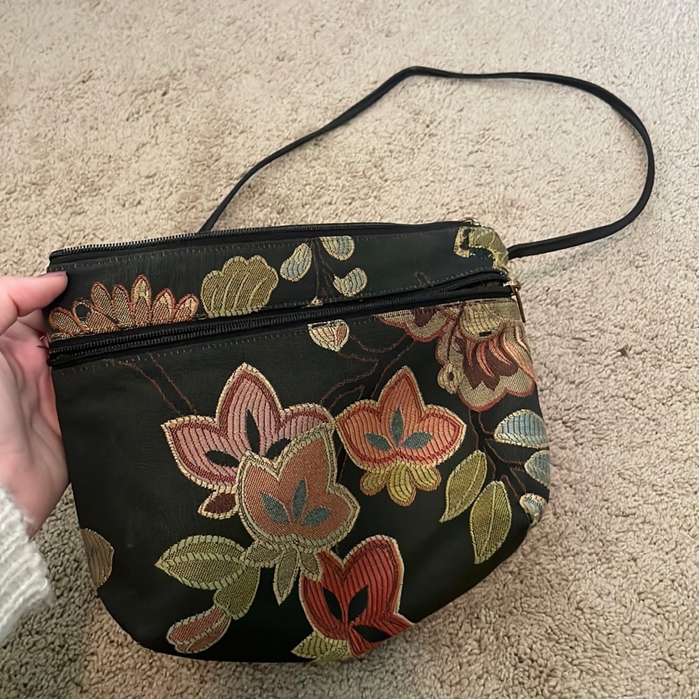 Danny K. Floral Crossbody, missing some stitching on the back (pictured)